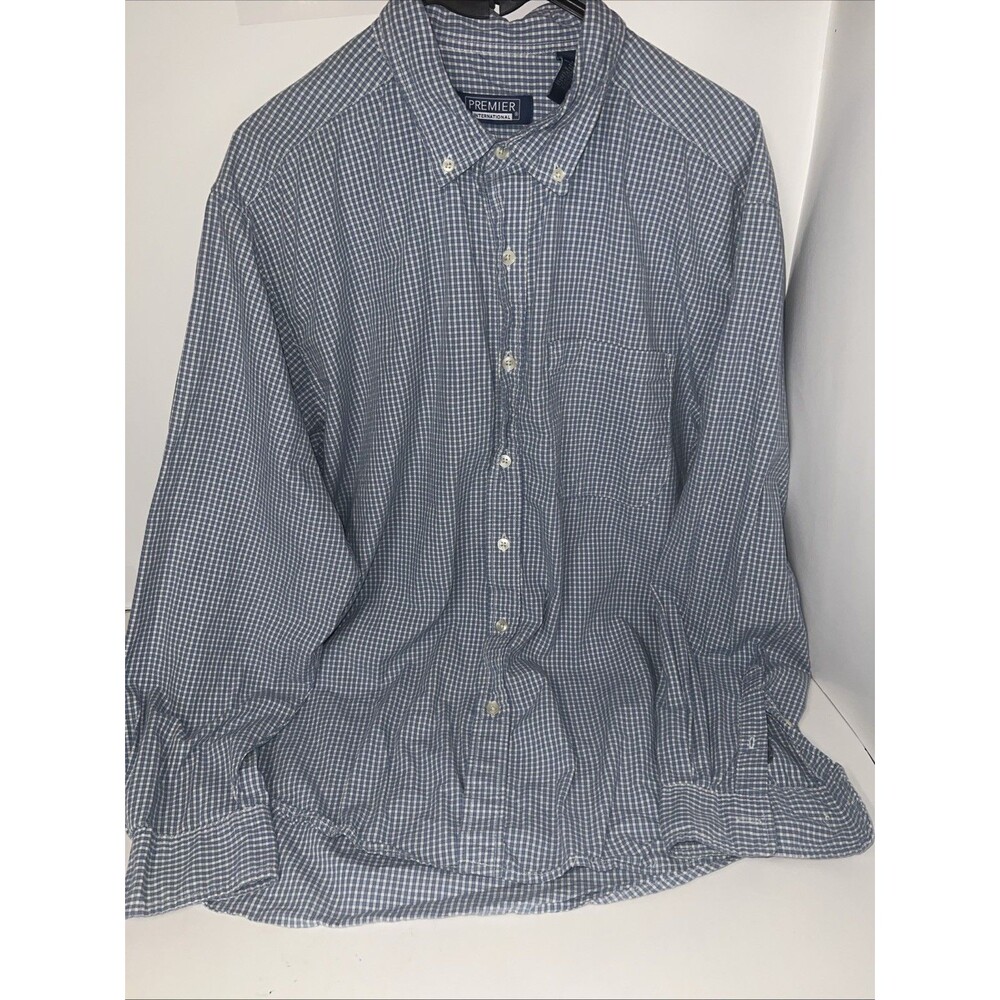 premier international mens shirt button up blue Plaid Patter L/G Long Sleeve